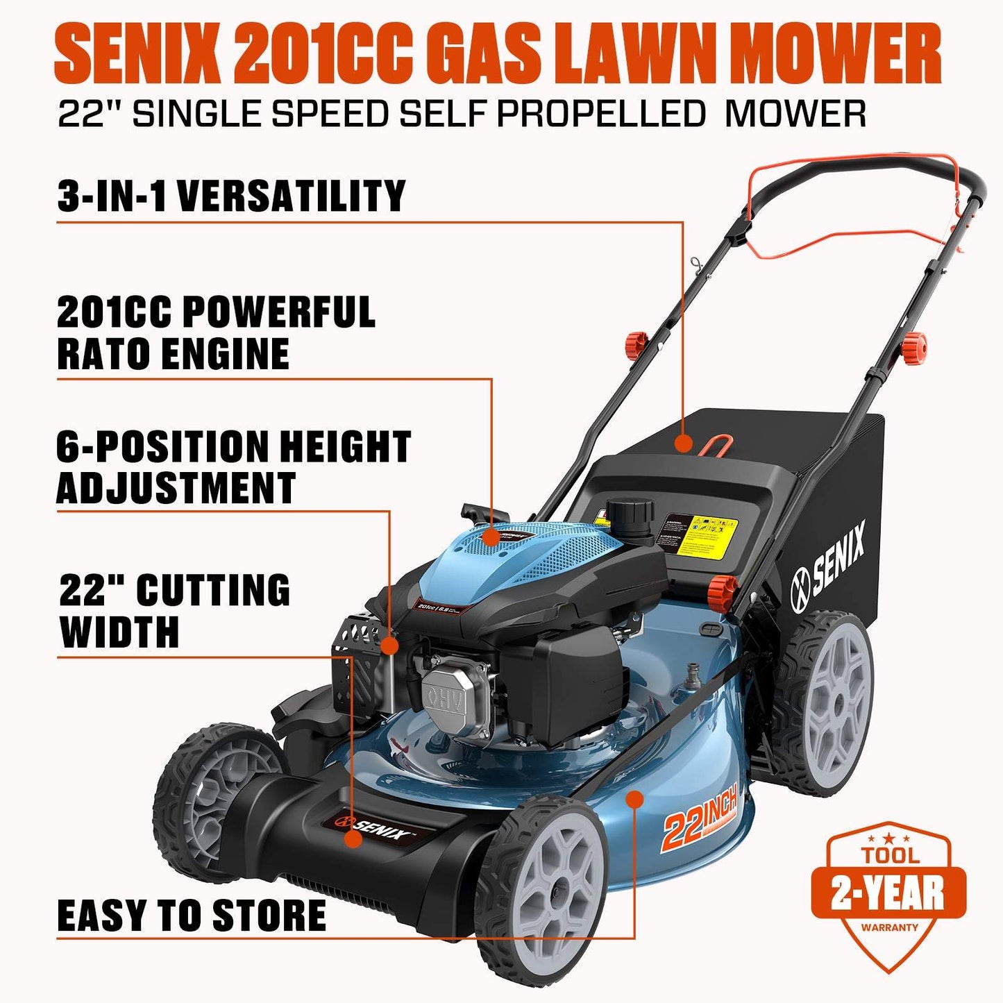 SENIX 201cc Gas Lawn Mower, 22" Single-Speed Self-Propelled Mower LSSG-H5