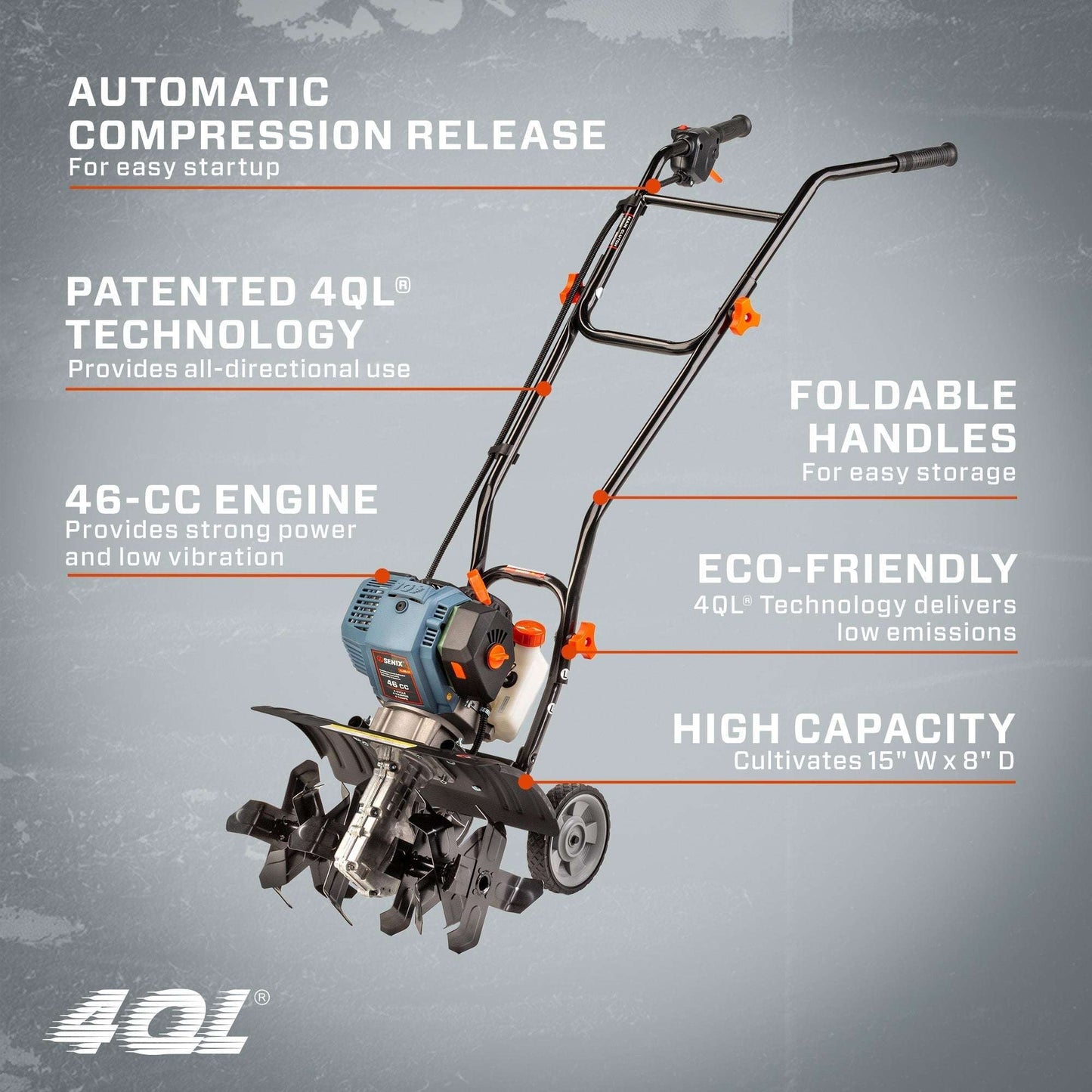 4QL® 46cc 4-Cycle Gas Tiller Cultivator | Cultivators | 4QL® 46 cc 4-Cycle Gas Powered Tiller Cultivator | SENIX Tools