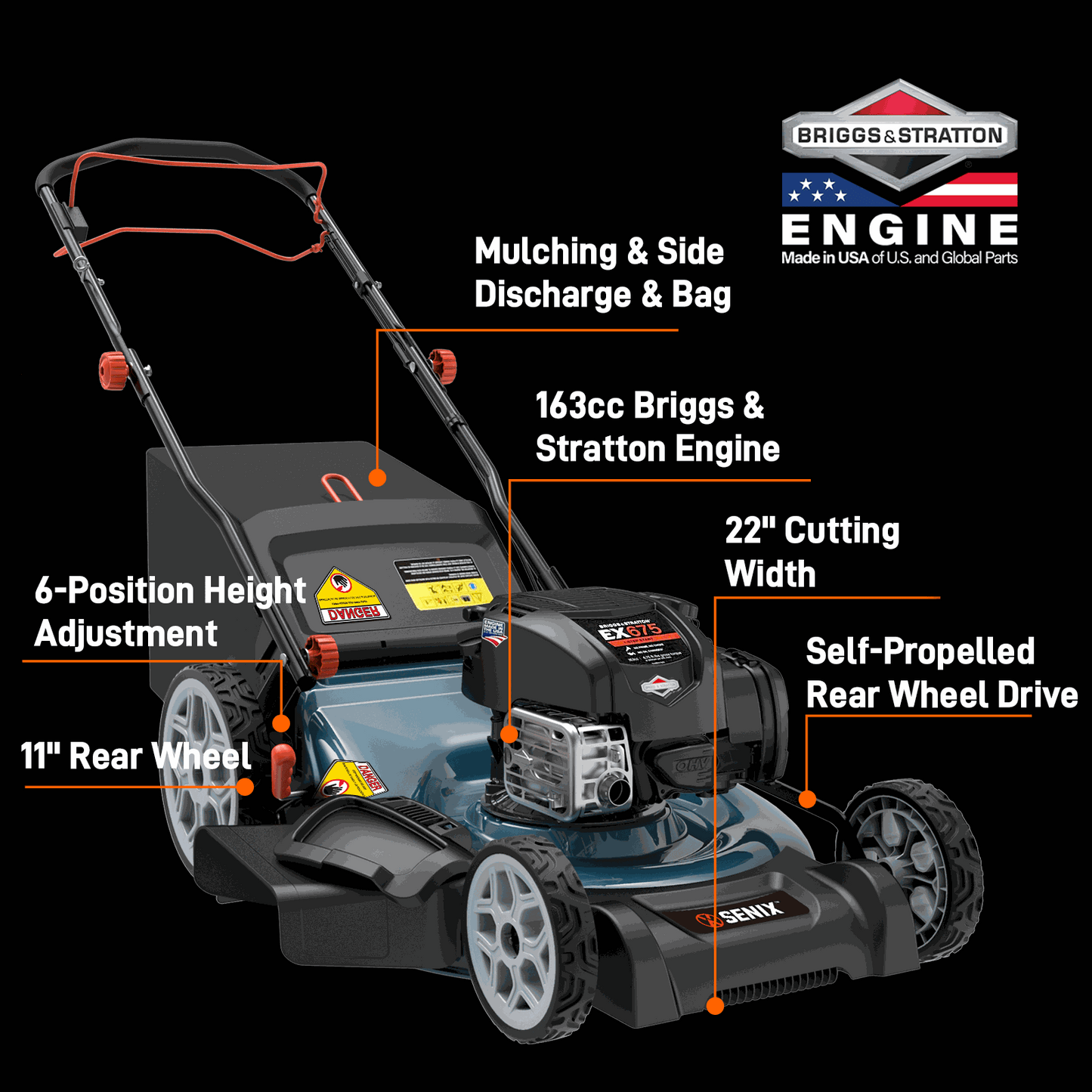 SENIX 22" 163cc Briggs & Stratton Engine Gas Self-Propelled Lawn Mower | SENIX Tools