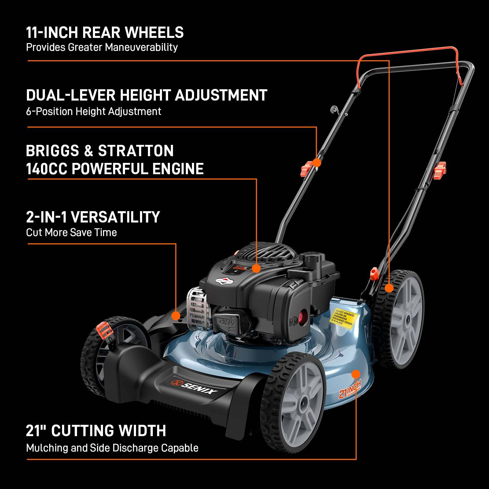 SENIX 21" 140cc 4-Cycle Briggs & Stratton Engine Gas Push Lawn Mower w | Lawn Mowers | SENIX Tools
