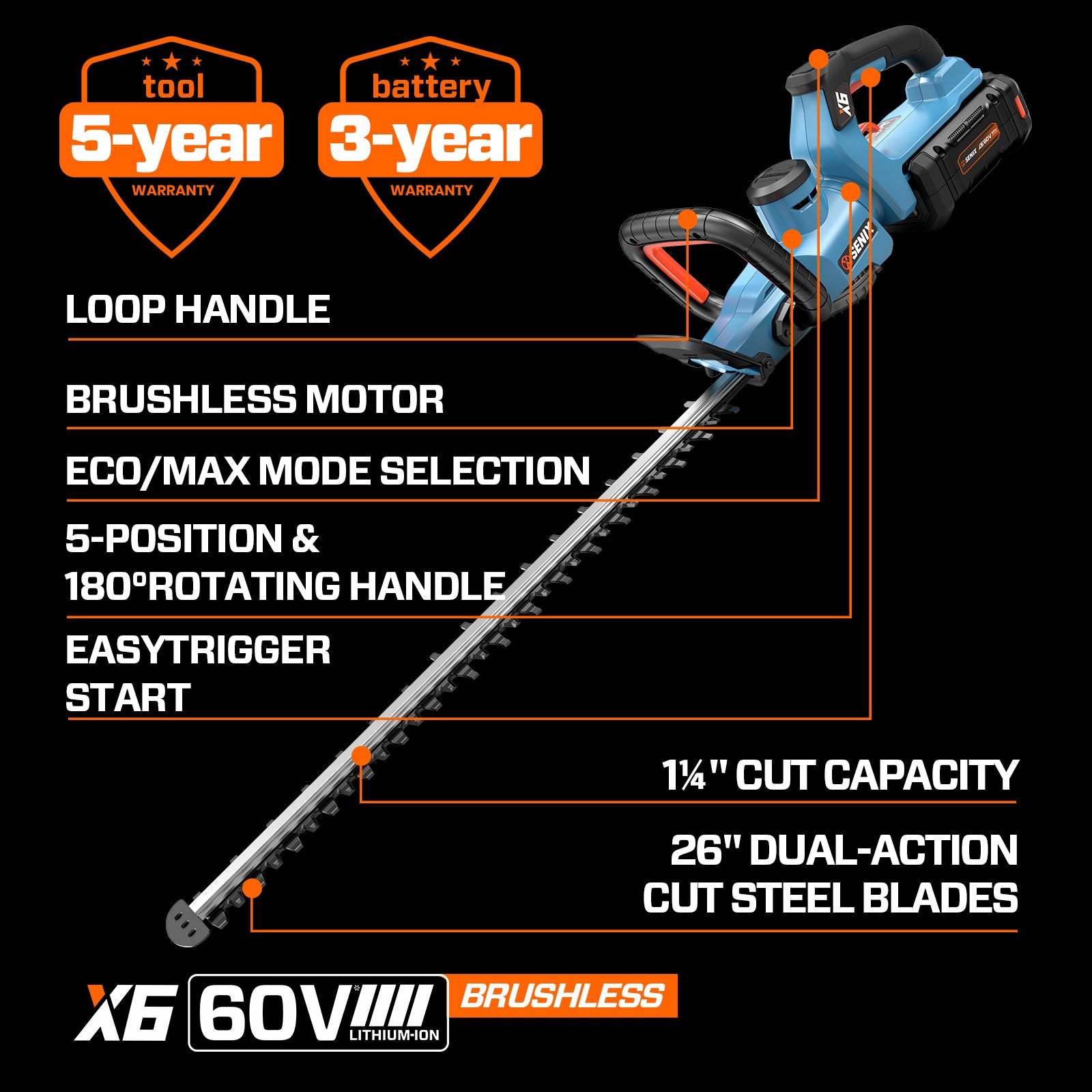 X6 60V Max* 26" Cordless Hedge Trimmer, Brushless (3.0 Ah Battery & Ch | Hedge Trimmers | SENIX Tools