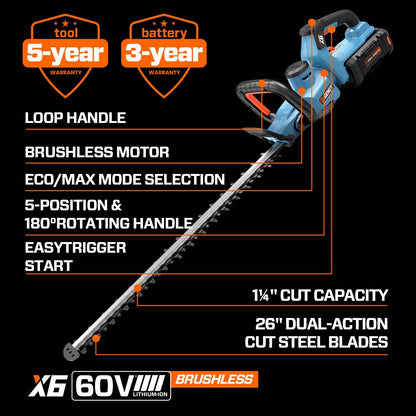 X6 60V Max* 26" Cordless Hedge Trimmer, Brushless (3.0 Ah Battery & Ch | Hedge Trimmers | SENIX Tools