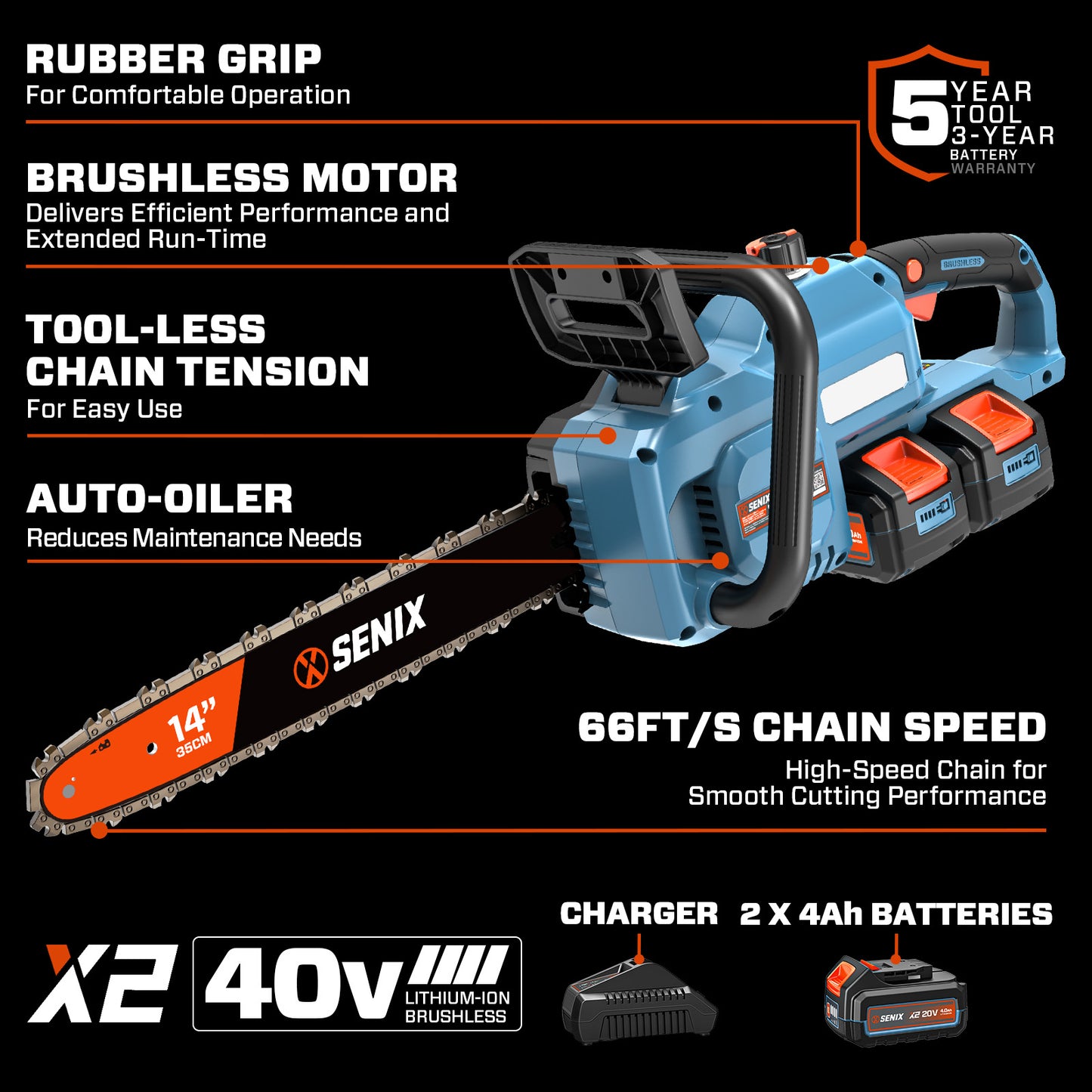 2X2 40V Max* 14" Cordless Chainsaw, Brushless (2 4.0 Ah Batteries & Charger Included)