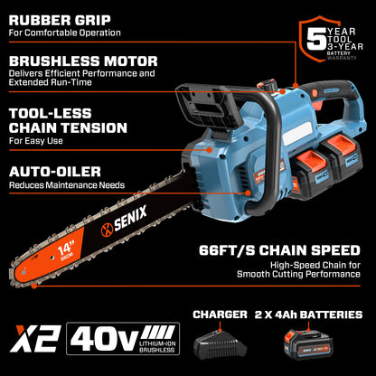 2X2 40V Max* 14" Cordless Chainsaw, Brushless (2 4.0 Ah Batteries & Charger Included)