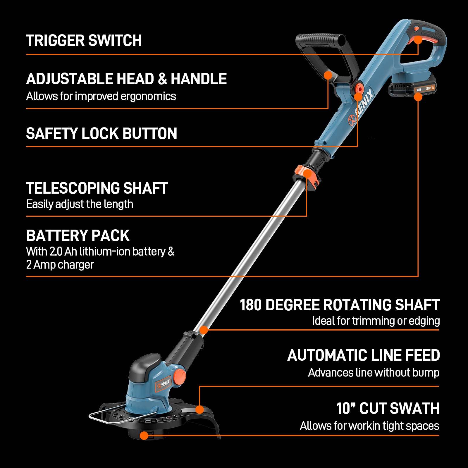 X2 20V Max* 10" Cordless String Trimmer (2.5 Ah Battery & Charger Incl | String Trimmers | SENIX Tools