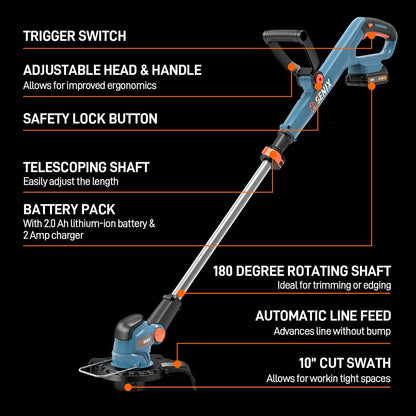 X2 20V Max* 10" Cordless String Trimmer (2.5 Ah Battery & Charger Incl | String Trimmers | SENIX Tools