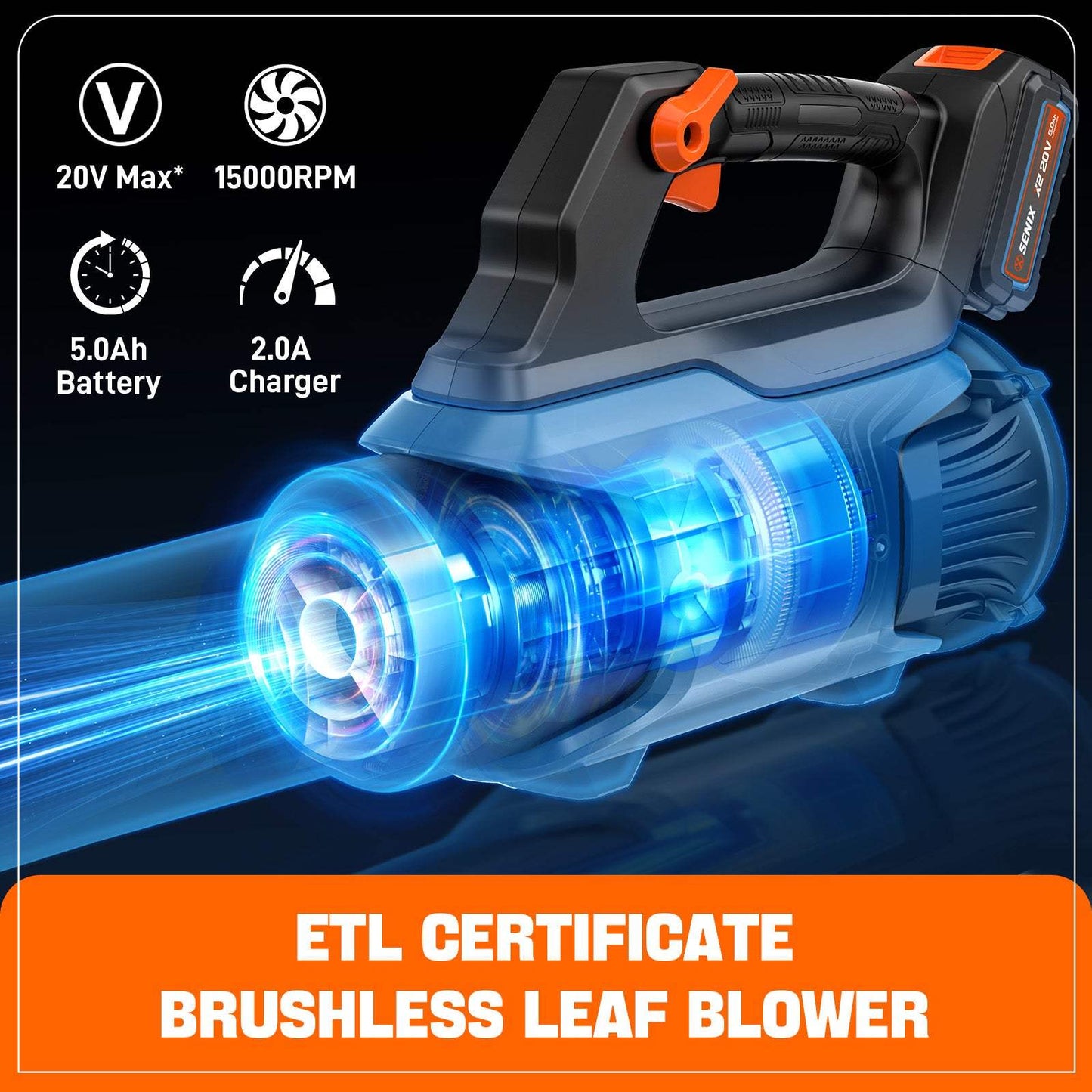 X2 20V Max* Cordless Leaf Blower, Brushless (5.0 Ah Battery & Charger  | Leaf Blowers | X2 20V Max* Cordless Leaf Blower | SENIX Tools