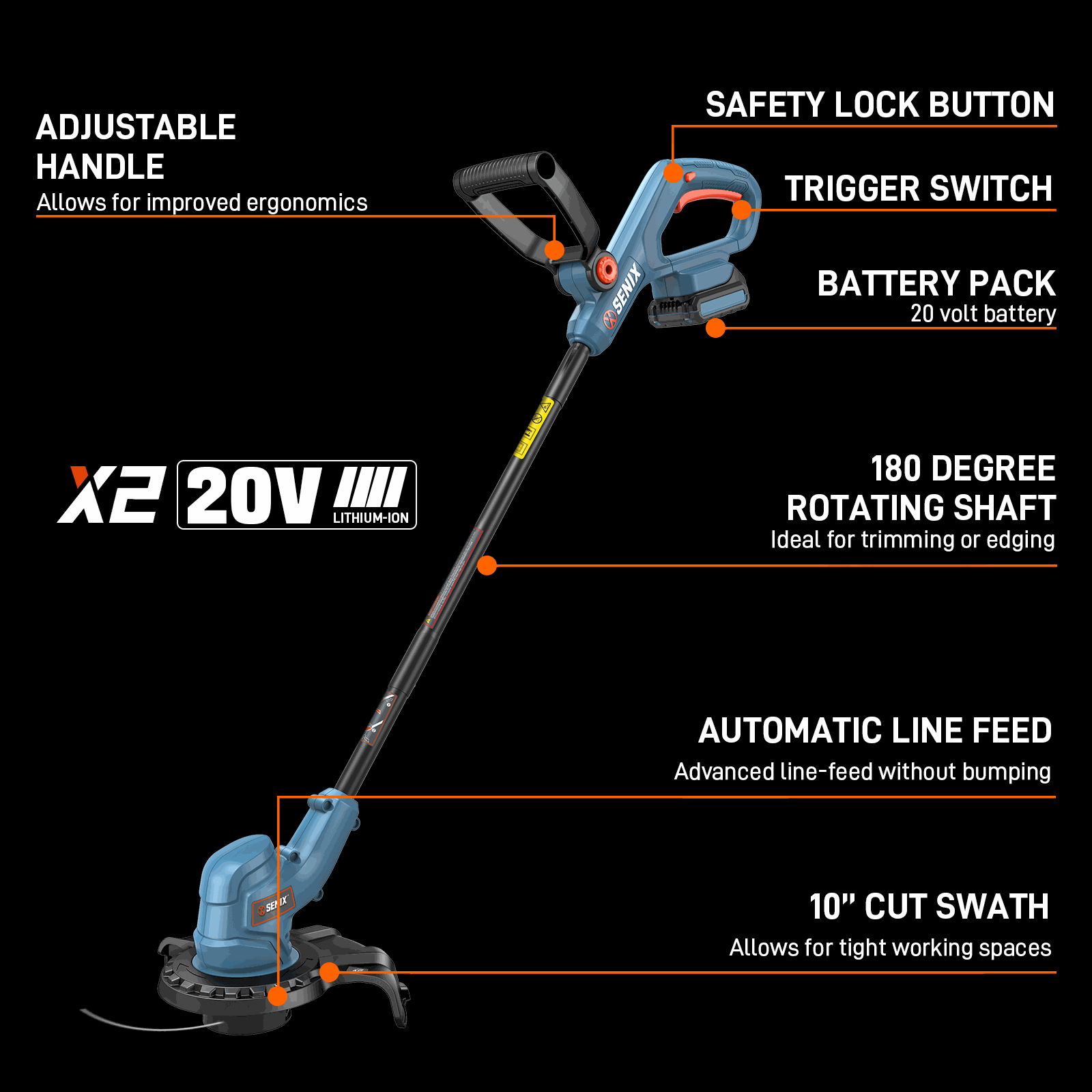 X2 20V Max* 10" Cordless String Trimmer (2.0 Ah Battery & Charger Incl | String Trimmers | SENIX Tools