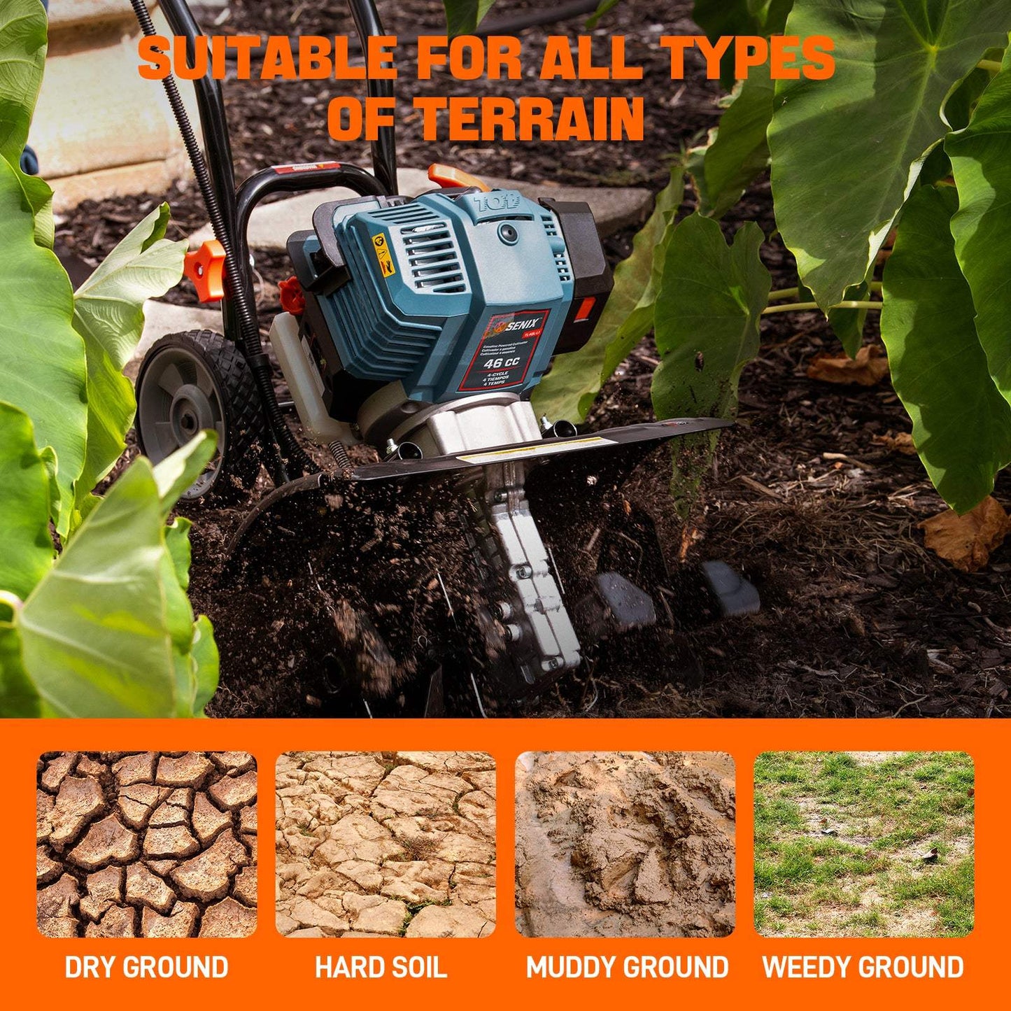 4QL® 46cc 4-Cycle Gas Tiller Cultivator | Cultivators | 4QL® 46 cc 4-Cycle Gas Powered Tiller Cultivator | SENIX Tools