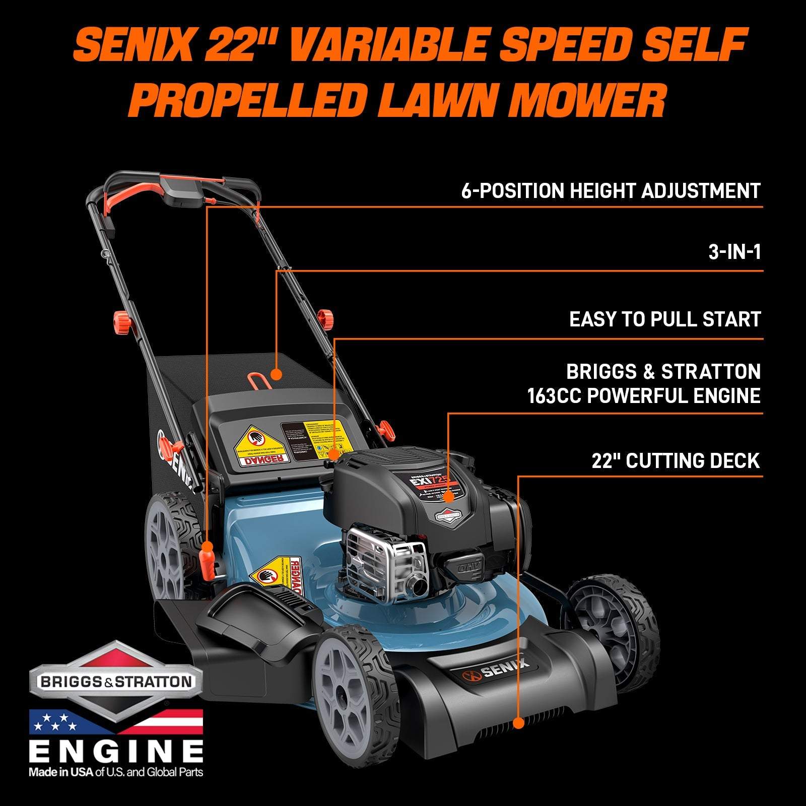 SENIX 22" 163cc 4-Cycle Briggs & Stratton Engine Gas Self-Propelled La | Lawn Mowers | SENIX Tools