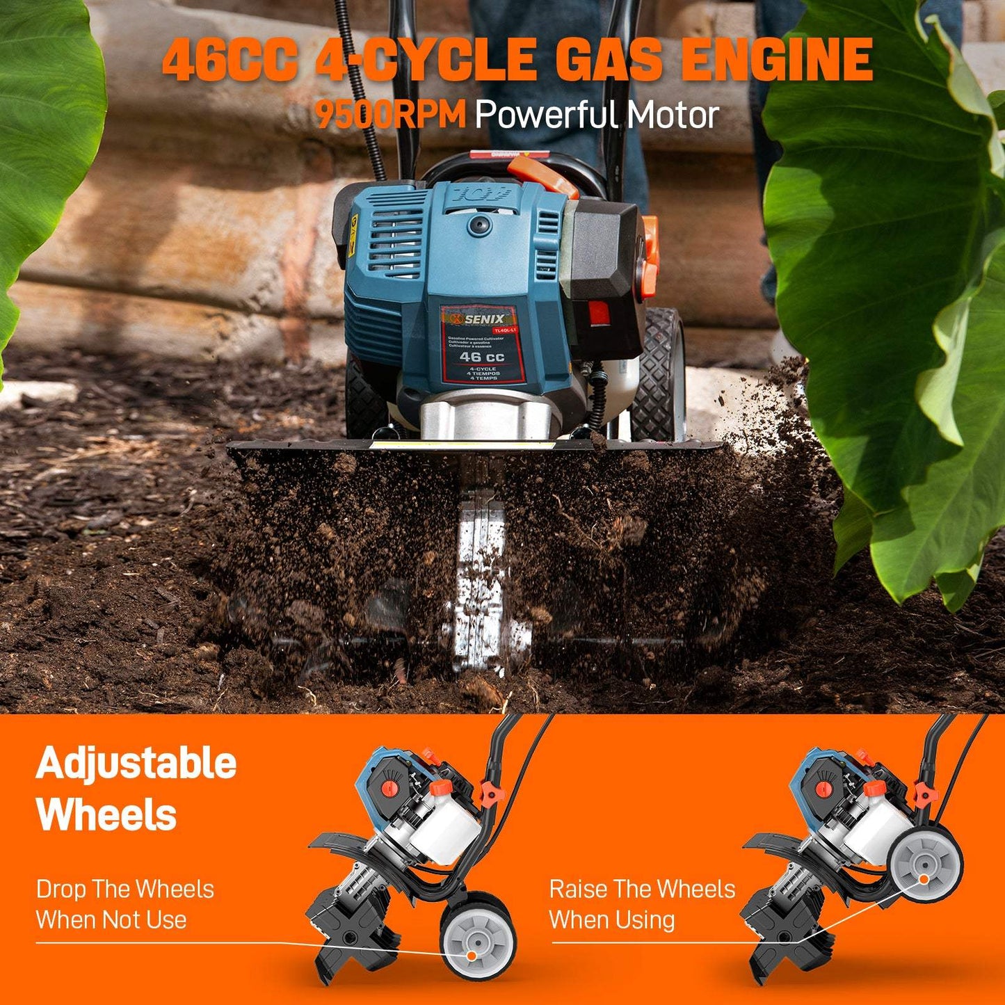 4QL® 46cc 4-Cycle Gas Tiller Cultivator | Cultivators | 4QL® 46 cc 4-Cycle Gas Powered Tiller Cultivator | SENIX Tools
