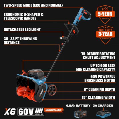 X6 60V Max* 15" Cordless Snow Shovel, Brushless (6.0 Ah Battery & Charger Included)