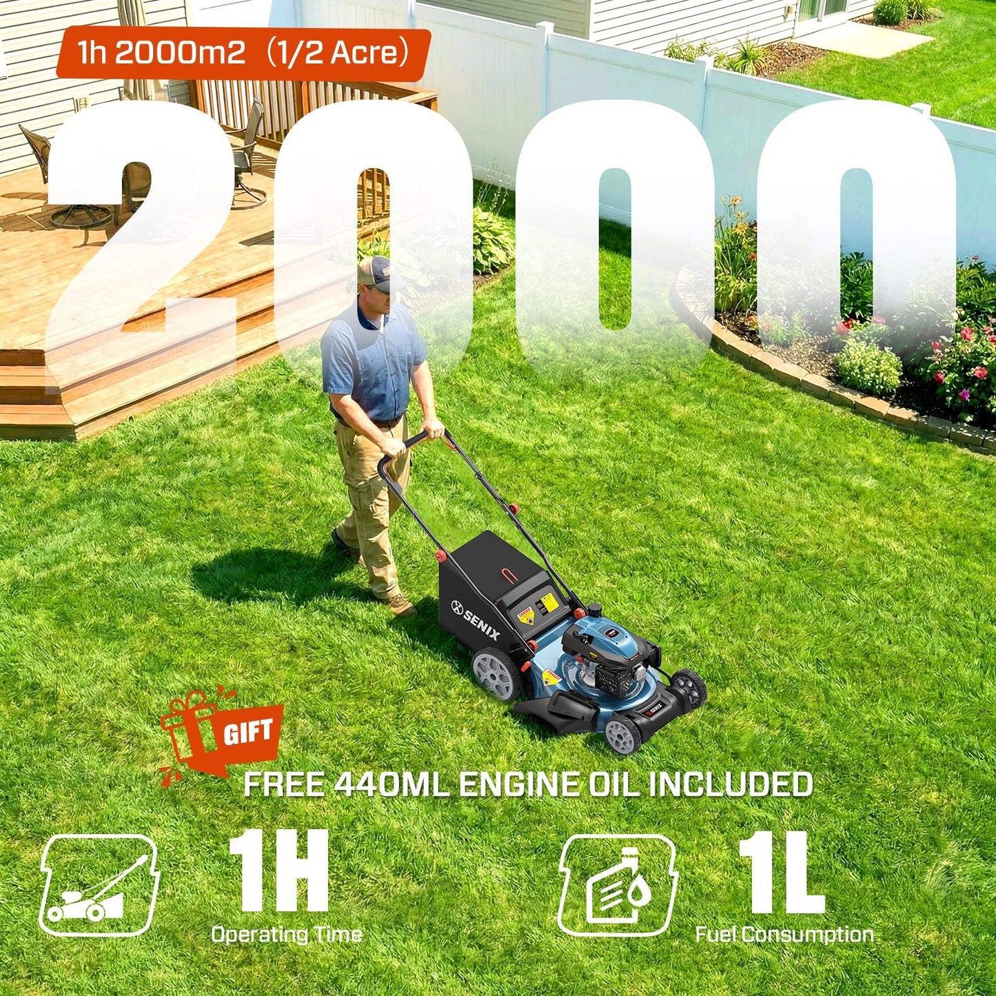 SENIX 201cc Gas Lawn Mower, 22" Single-Speed Self-Propelled Mower LSSG-H5