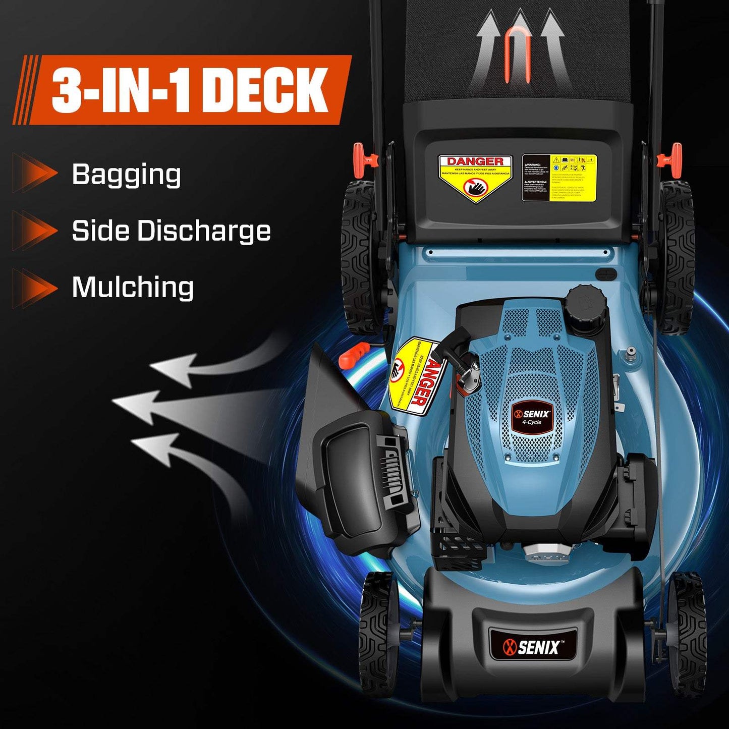 SENIX 22" Self-Propelled Gas Lawn Mower with Variable Speed, 201cc 4-Cycle RATO RV200Pro Engine, 3-in-1 Cutting System, 6-Position Height Adjustment