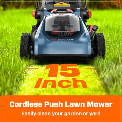 SENIX 2X2 40V Max* 15" Cordless Electric Push Lawn Mower 2-in-1 Baggin | Lawn Mowers | SENIX Tools