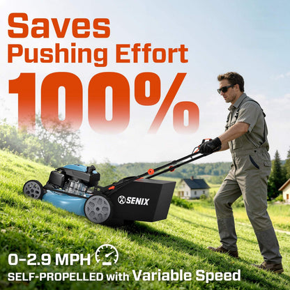 SENIX 22" Self-Propelled Gas Lawn Mower with Variable Speed, 201cc 4-Cycle RATO RV200Pro Engine, 3-in-1 Cutting System, 6-Position Height Adjustment