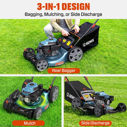 21'' 144 cc Gas-Powered 4-Stroke Engine Push Lawn Mower, 3-in-1 Design, Steel Deck, 6-Level 1.25''-3.75'' Cutting Height, with 1.7 Bushels Grass Bag LSPG-M14