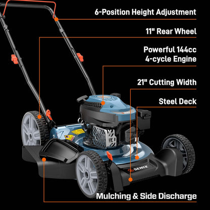 SENIX 21" 144cc 4-Cycle Gas Push Lawn Mower with Side-Discharge | SENIX Tools