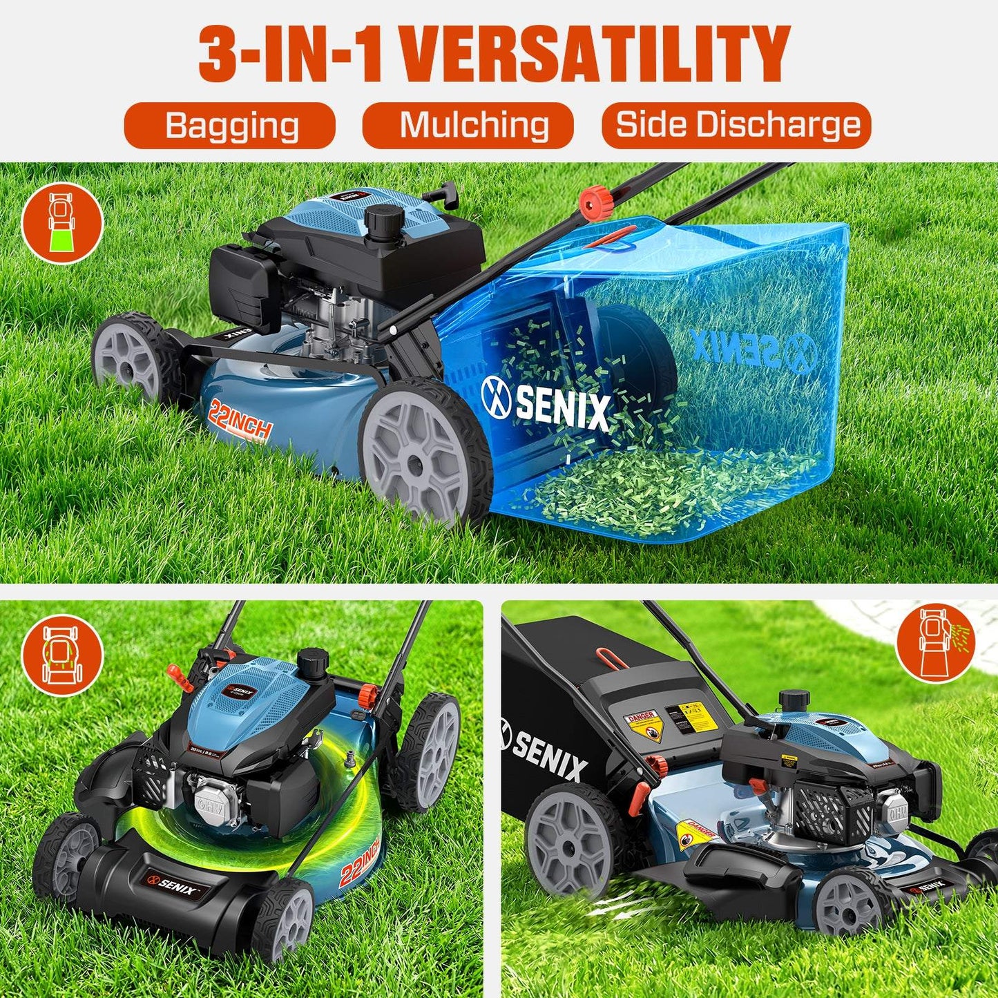 SENIX 201cc Gas Lawn Mower, 22" Single-Speed Self-Propelled Mower LSSG-H5