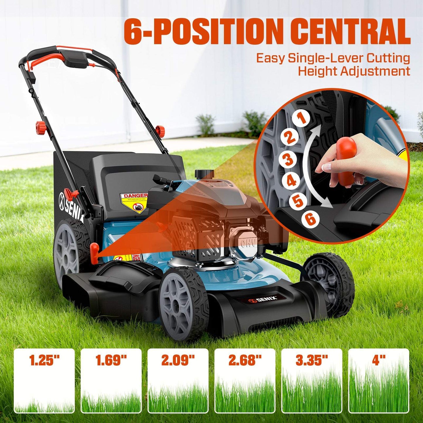 SENIX 22" Self-Propelled Gas Lawn Mower with Variable Speed, 201cc 4-Cycle RATO RV200Pro Engine, 3-in-1 Cutting System, 6-Position Height Adjustment