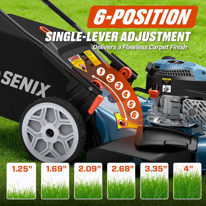 SENIX 22" Self-Propelled Gas Lawn Mower with 170cc OHV 4-Cycle Engine, 3-in-1 Walk-Behind Mower, 6-Position Height Adjustment