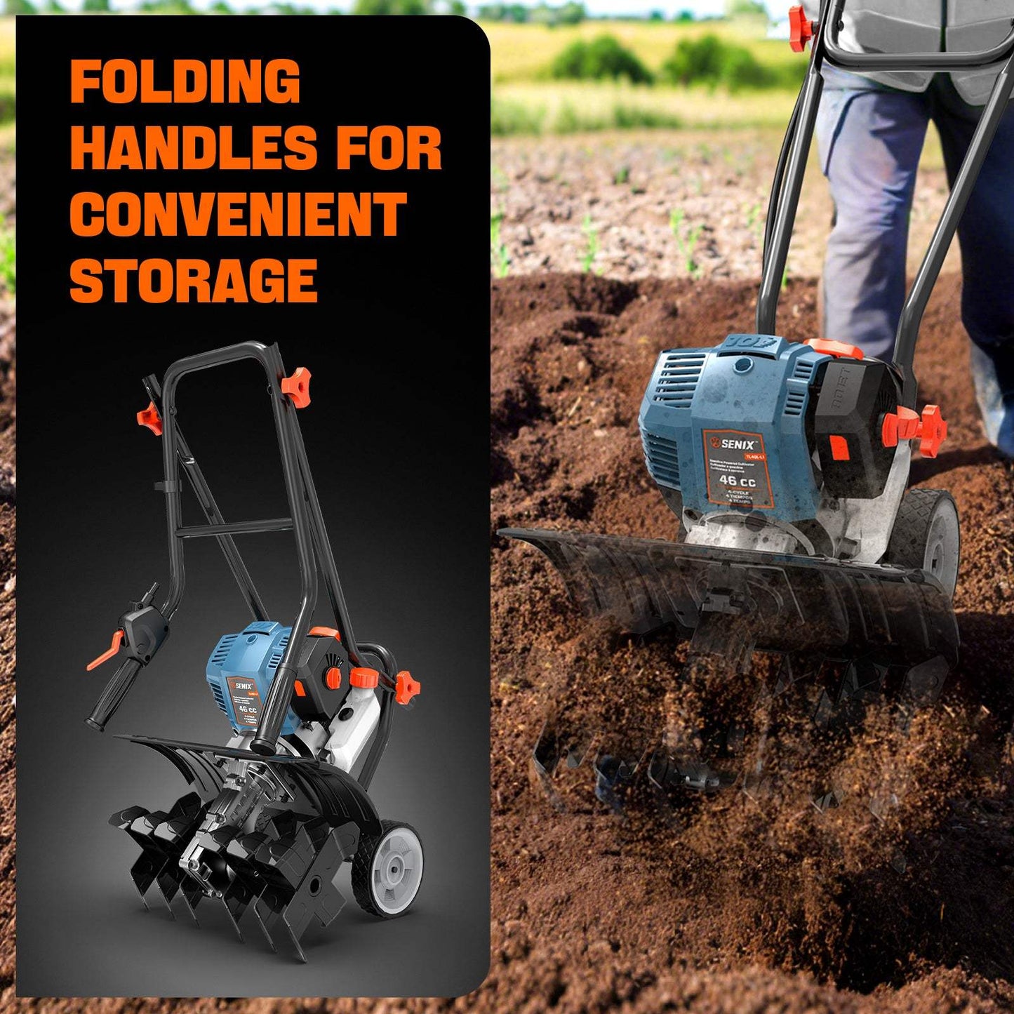 4QL® 46cc 4-Cycle Gas Tiller Cultivator | Cultivators | 4QL® 46 cc 4-Cycle Gas Powered Tiller Cultivator | SENIX Tools