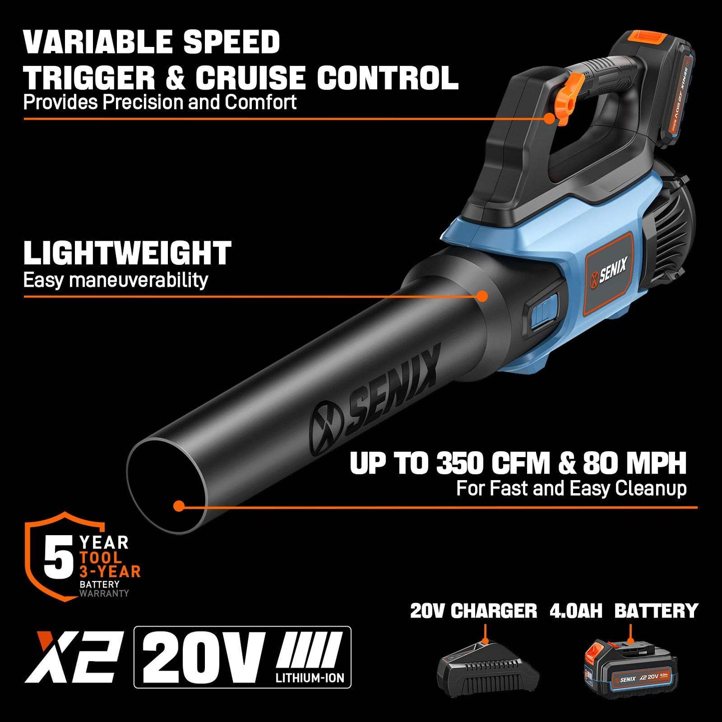 X2 20V Max* Cordless Leaf Blower (4.0 Ah Battery & Charger Included) | Leaf Blowers | X2 20V Max Cordless Leaf Blower | SENIX Tools