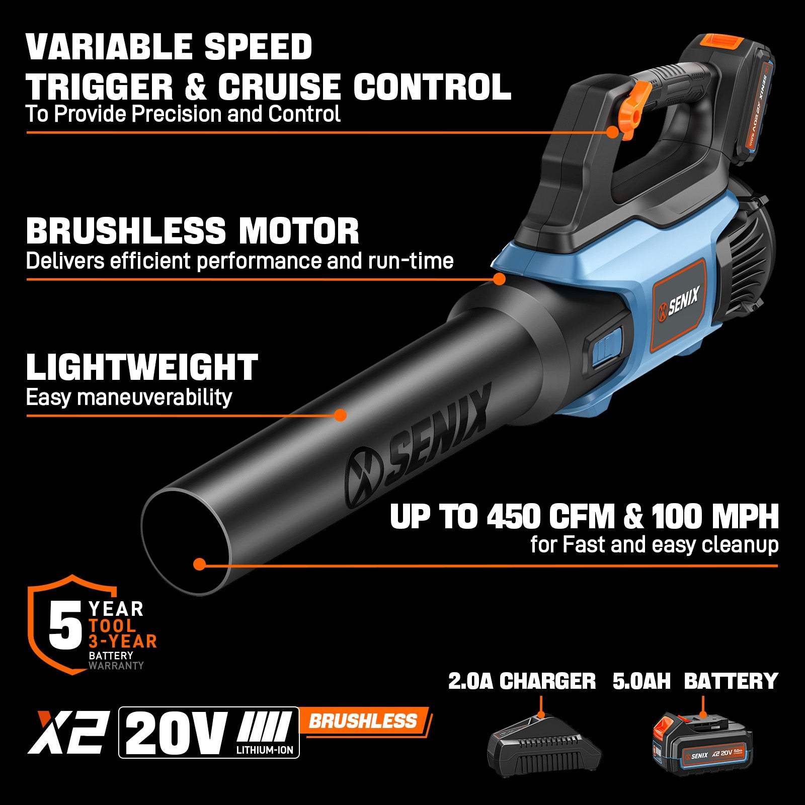 X2 20V Max* Cordless Leaf Blower, Brushless (5.0 Ah Battery & Charger  | Leaf Blowers | X2 20V Max* Cordless Leaf Blower | SENIX Tools