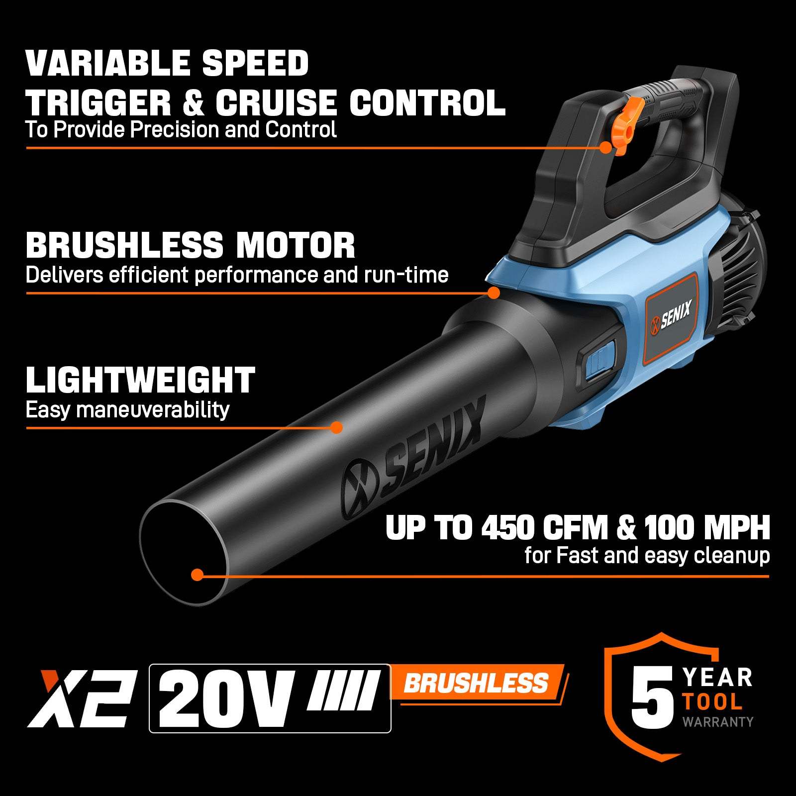 X2 20V Max* Cordless Leaf Blower, Brushless (Tool Only) | Leaf Blowers | X2 20V Max* Cordless Leaf Blower | SENIX Tools