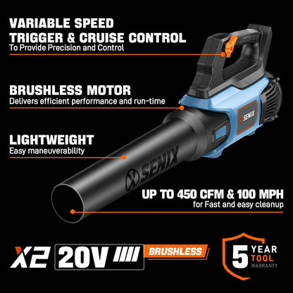 X2 20V Max* Cordless Leaf Blower, Brushless (Tool Only) | Leaf Blowers | X2 20V Max* Cordless Leaf Blower | SENIX Tools