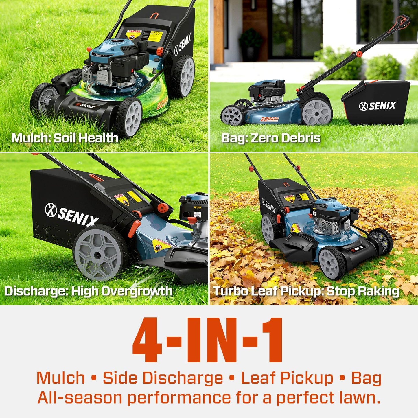 SENIX 22" Self-Propelled Gas Lawn Mower with 170cc OHV 4-Cycle Engine, 3-in-1 Walk-Behind Mower, 6-Position Height Adjustment