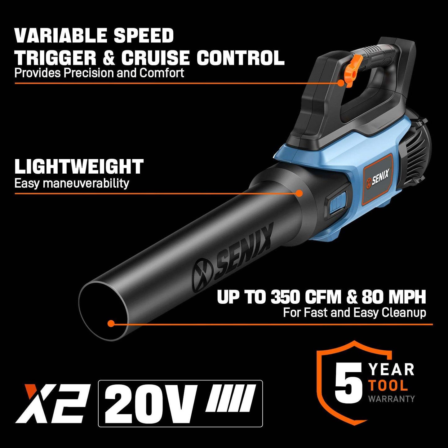 X2 20V Max* Cordless Leaf Blower (Tool Only) | Leaf Blowers | X2 20V Max Cordless Leaf Blower - Tool Only | SENIX Tools