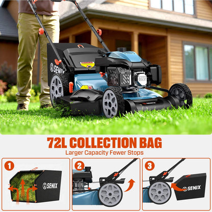 SENIX 22" Self-Propelled Gas Lawn Mower with Variable Speed, 201cc 4-Cycle RATO RV200Pro Engine, 3-in-1 Cutting System, 6-Position Height Adjustment