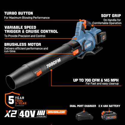 2X2 40V Max* Cordless Leaf Blower, Brushless (2 4.0 Ah Batteries & Cha | Leaf Blowers | SENIX Tools