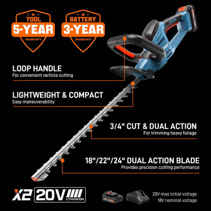 X2 20V Max* 18" Cordless Hedge Trimmer (2.5 Ah Battery & Charger Inclu | Hedge Trimmers | X2 20V Max 18" Cordless Hedge Trimmer | SENIX Tools