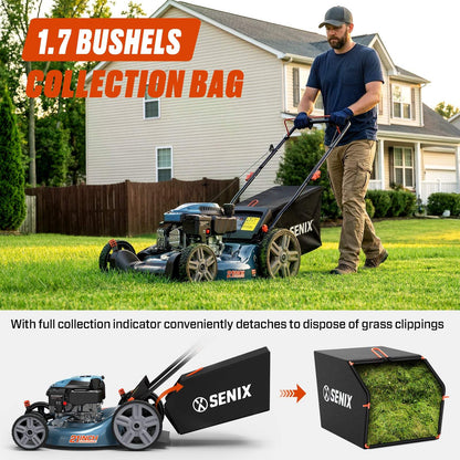 21'' 144 cc Gas-Powered 4-Stroke Engine Push Lawn Mower, 3-in-1 Design, Steel Deck, 6-Level 1.25''-3.75'' Cutting Height, with 1.7 Bushels Grass Bag LSPG-M14