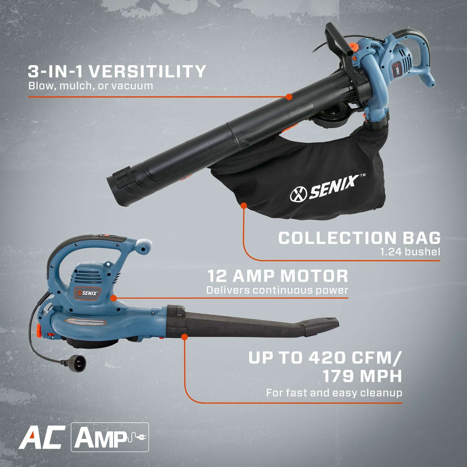 12 Amp Corded Electric 3-in-1 Leaf Blower, Vacuum, and MulcherLeaf BlowersSENIX Tools