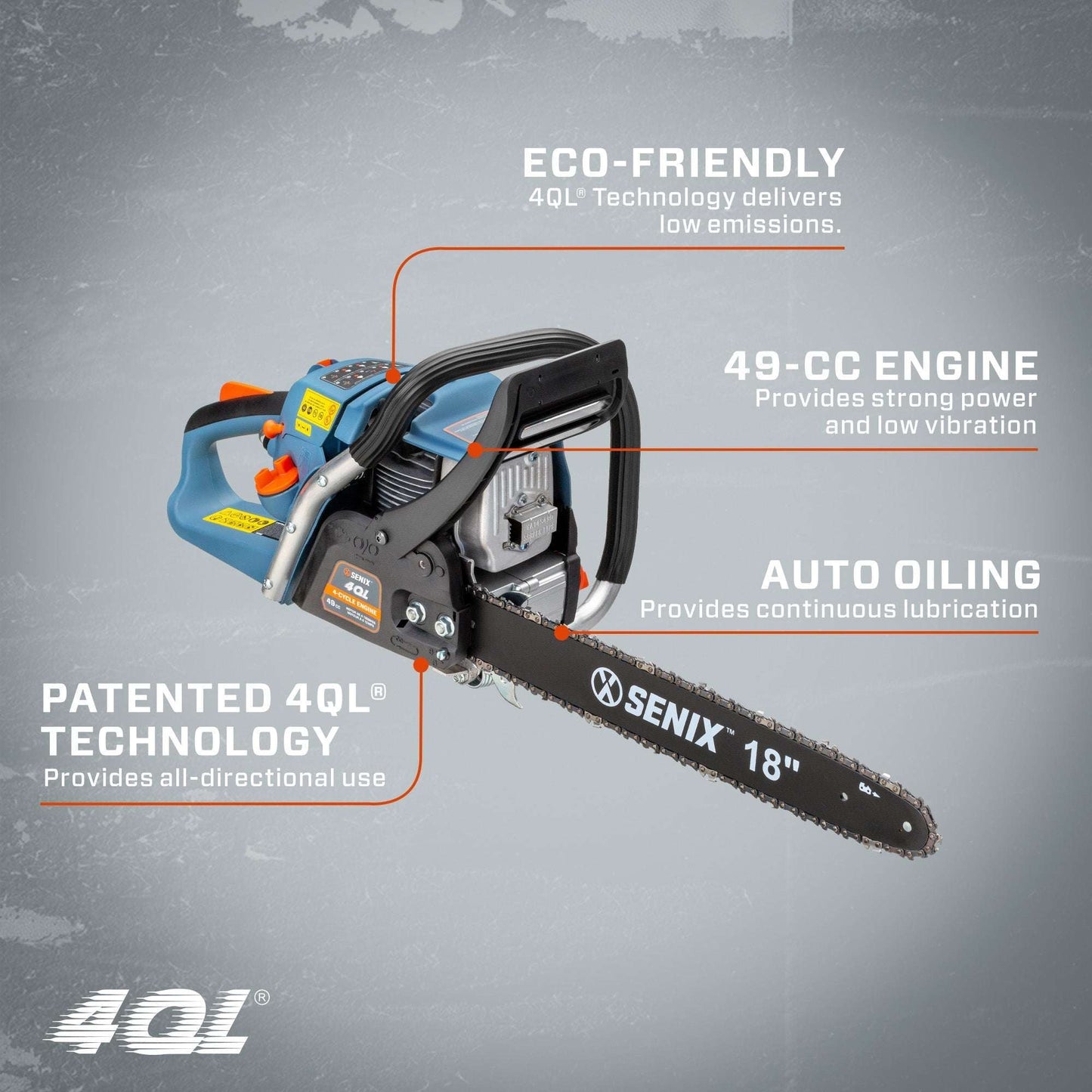 4QL® 49cc 4-Cycle 18" Gas Chainsaw with Oregon Bar and Chain | Chainsaws | SENIX Tools