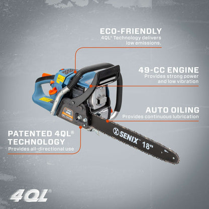 4QL® 49cc 4-Cycle 18" Gas Chainsaw with Oregon Bar and Chain | Chainsaws | SENIX Tools
