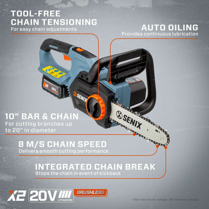 X2 20V Max 10" Cordless Chainsaw Brushless - Tool Only | Chainsaws | SENIX Tools