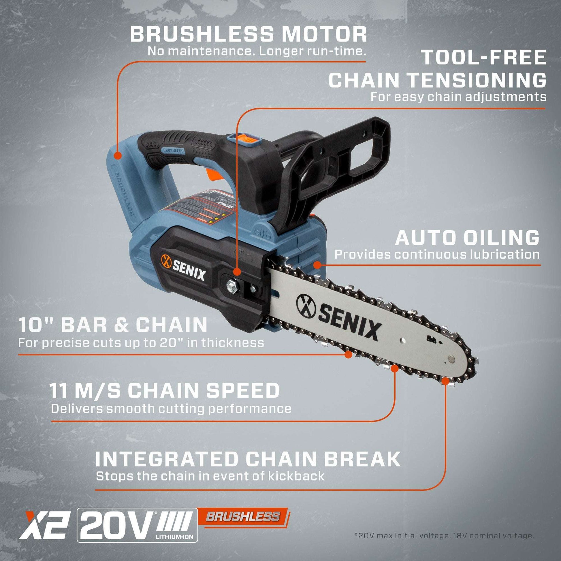 X2 20V Max* 10" Cordless Chainsaw, Brushless (Tool Only) | Chainsaws | X2 20V Max 10" Cordless Brushless Chainsaw - Tool Only | SENIX Tools