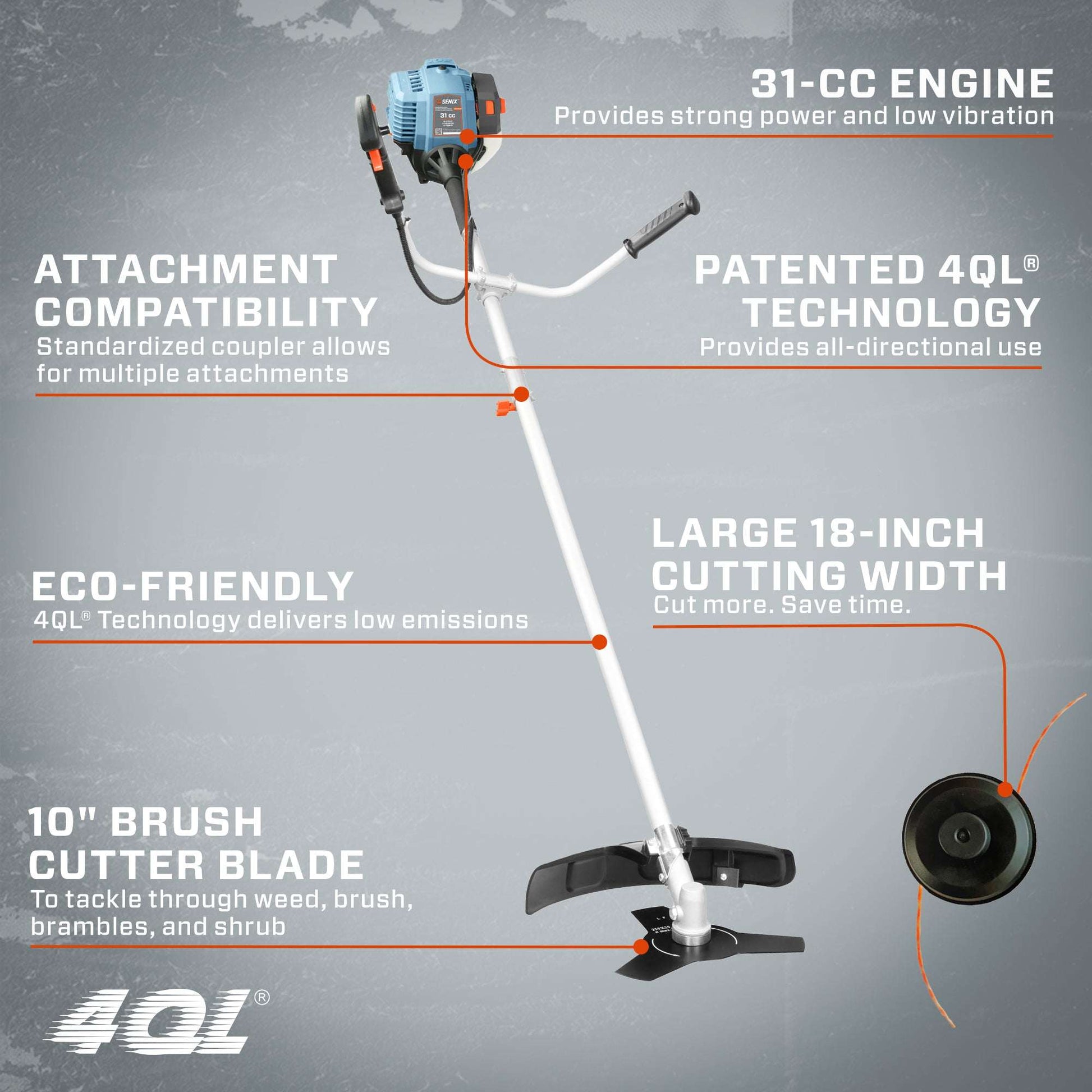 4QL® 31 cc 4-Cycle Gas Powered 10-Inch Brush Cutter and String Trimmer | SENIX Tools 