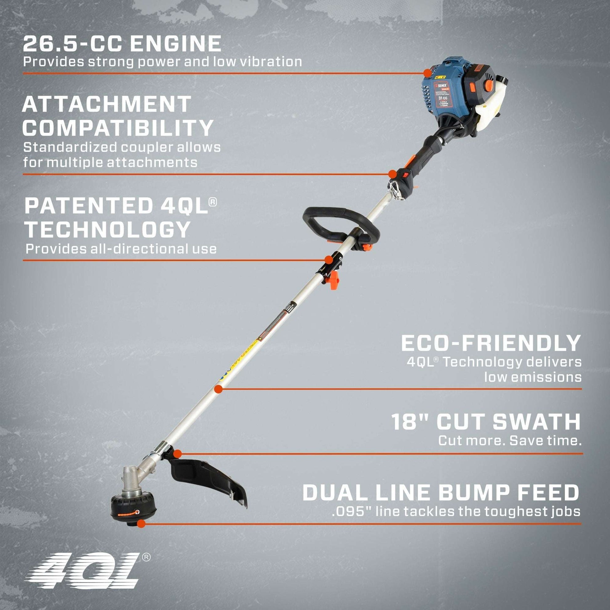 4QL® 26.5cc 4-Cycle 18" Gas String Trimmer, Attachment Capable | String Trimmers | SENIX Tools