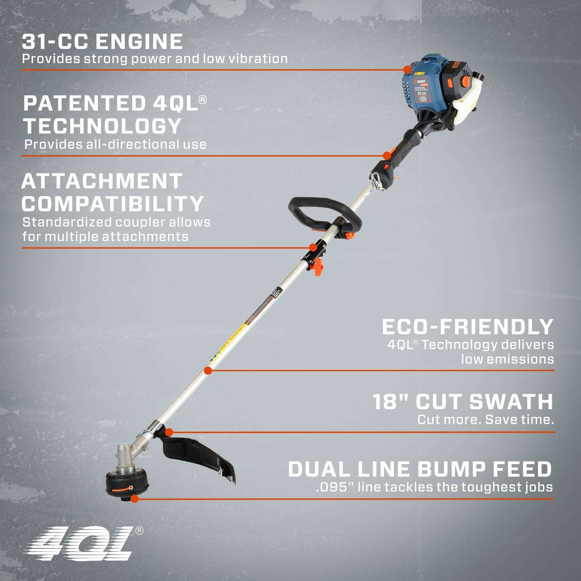 4QL® 31cc 4-Cycle 18" Gas String Trimmer, Attachment Capable | String Trimmers | SENIX Tools