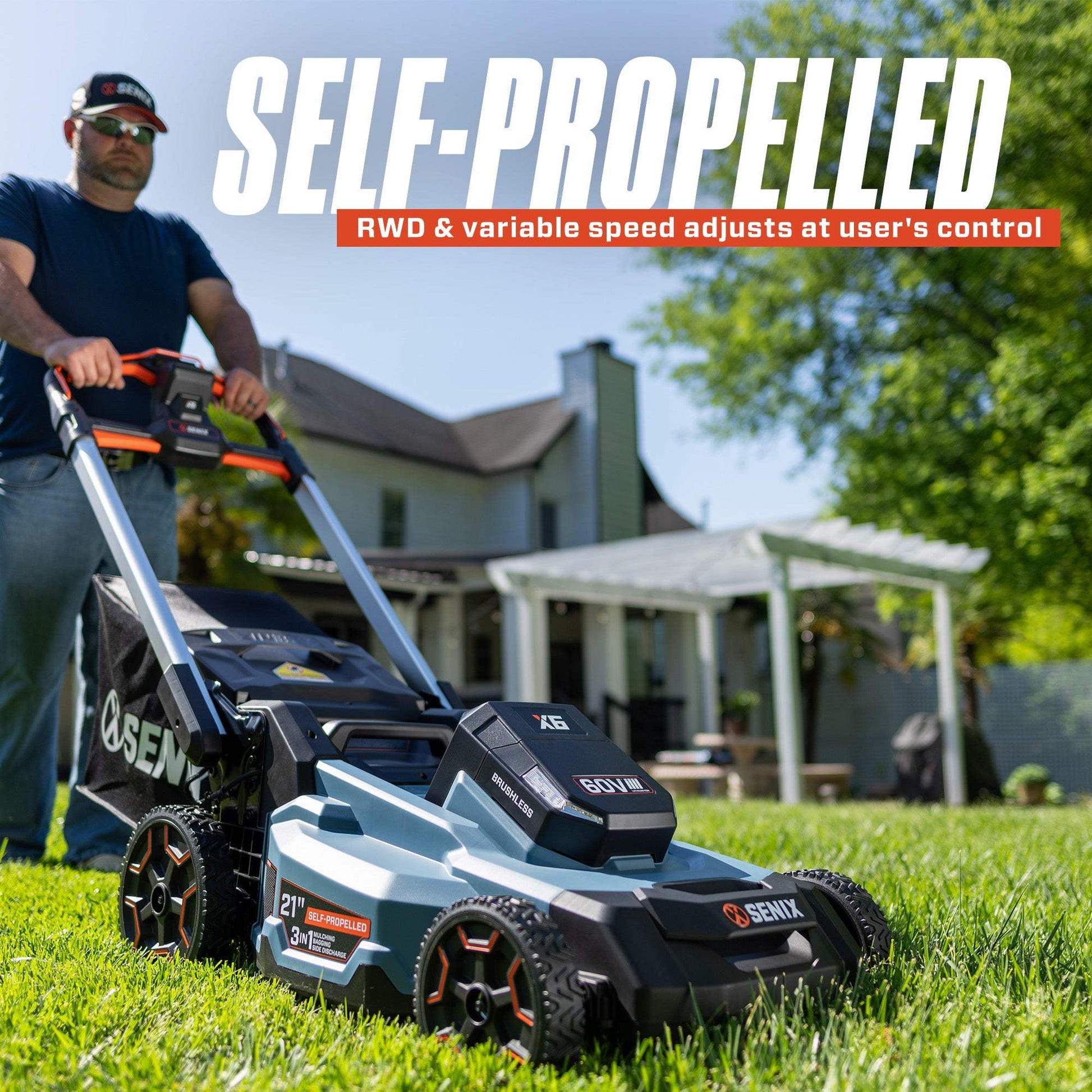 X6 60V Max* 21" Self-Propelled Cordless Lawn Mower, Brushless (8.0 Ah  | Lawn Mowers | SENIX Tools