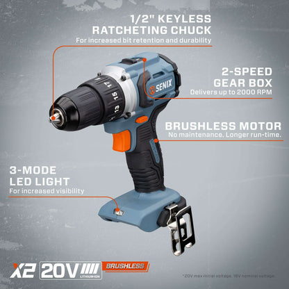 X2 20V Max* 1/2" Cordless Drill/Driver, Brushless (2.0 Ah Battery & Ch | Power Tools | SENIX Tools