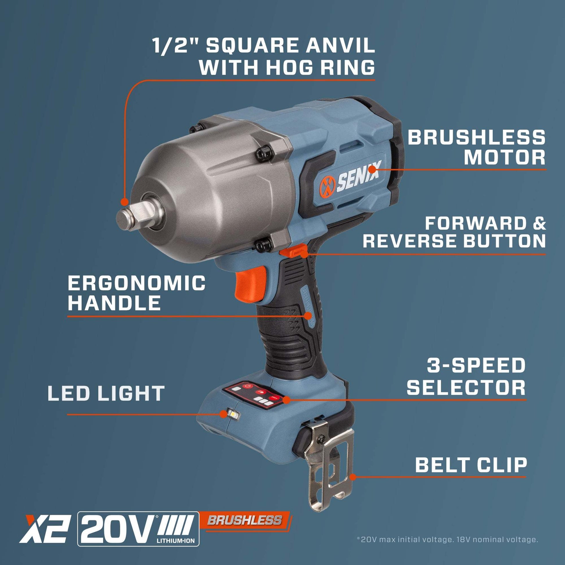 X2 20V Max* 1/2" Cordless Impact Wrench with 1100 ft-lbs Max of Breaka | Power Tools | X2 20V Max* 1/2" Cordless Impact Wrench | SENIX Tools