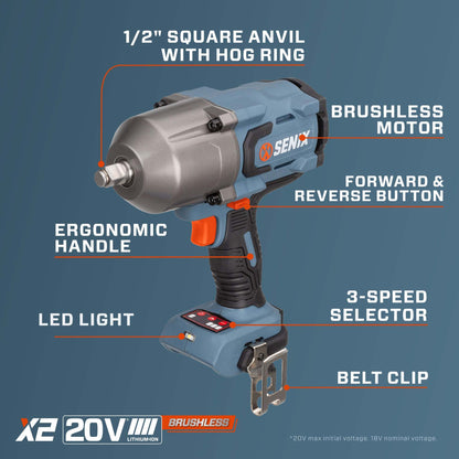 X2 20V Max* 1/2" Cordless Impact Wrench with 1100 ft-lbs Max of Breaka | Power Tools | X2 20V Max* 1/2" Cordless Impact Wrench | SENIX Tools