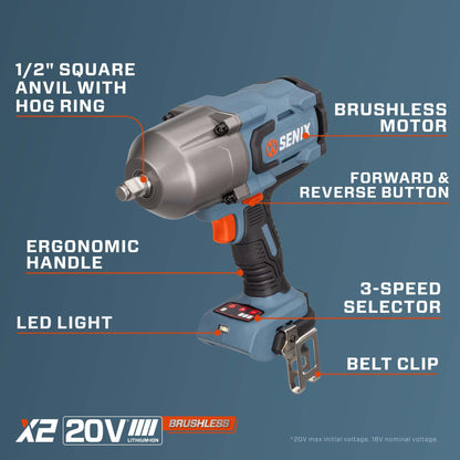 X2 20V Max* 1/2" Cordless Impact Wrench with 1000 ft-lbs of Max Torque | Power Tools | X2 20V Max* 1/2" Cordless Impact Wrench | SENIX Tools