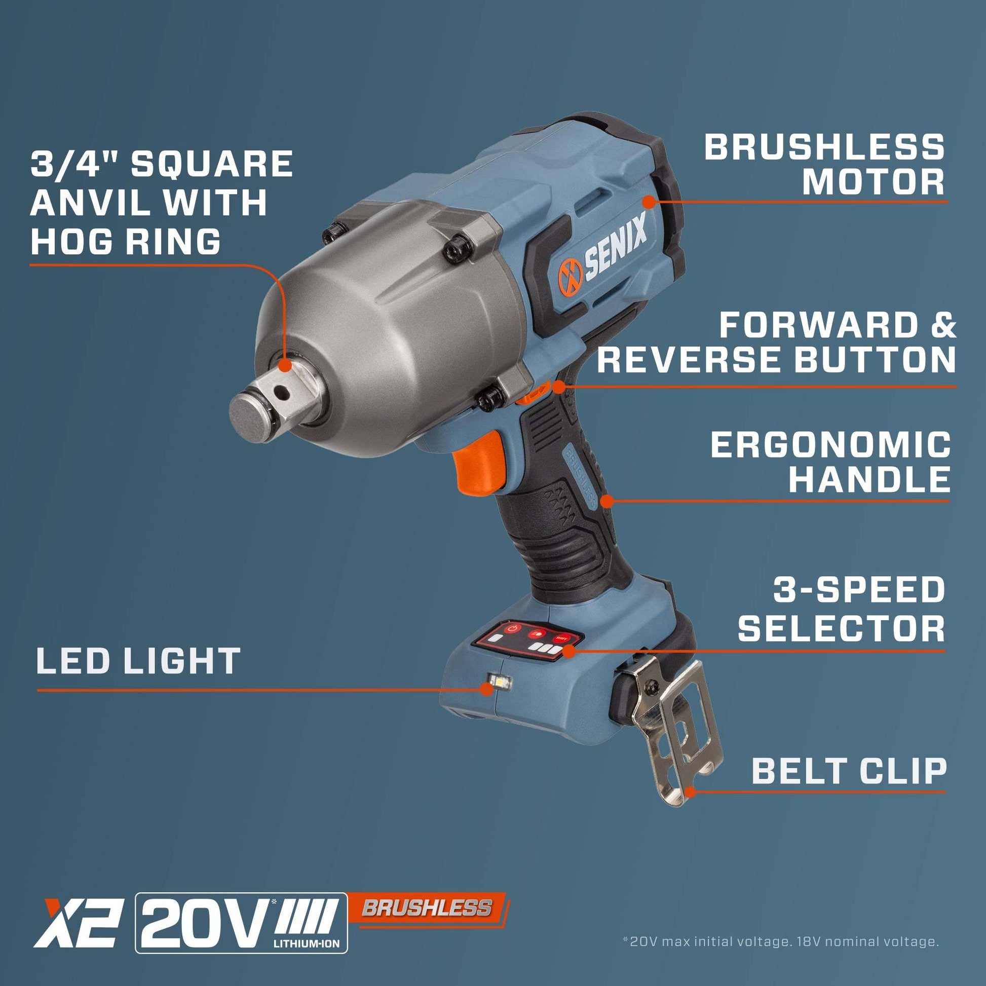 X2 20V Max* 3/4" Cordless Impact Wrench with 1100 ft-lbs of Max Torque | Power Tools | X2 20V Max* | SENIX Tools